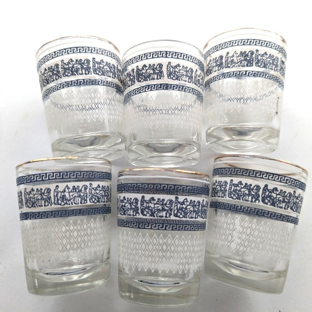 Vintage Jeanette Glass Patrician Greek Key Pattern Hellenic Chariot Shot Glasses